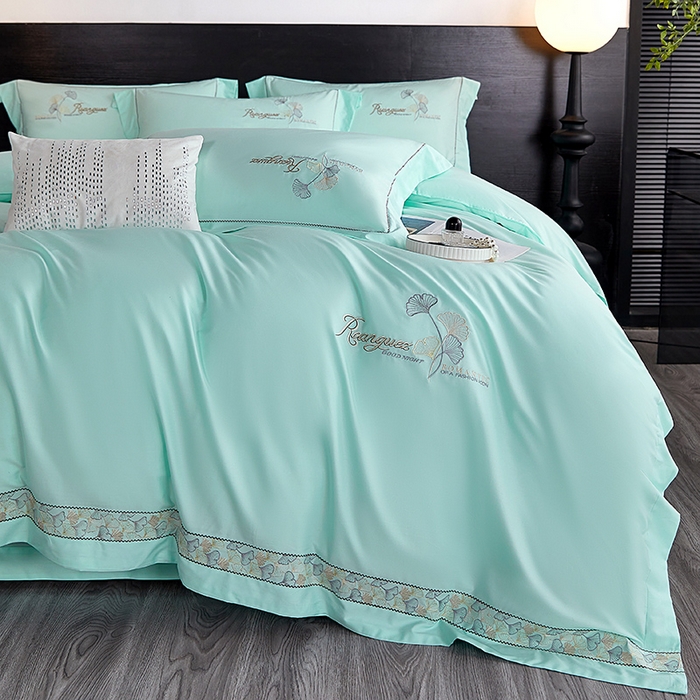 91家纺网 家纺一手货源 找家纺 浩情国际婚庆供货中心 2026新款160S春夏天丝棉高端刺绣系列四件套 银之杏-湖水蓝