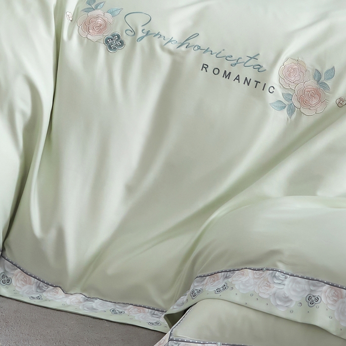 91家纺网 家纺一手货源 找家纺 浩情国际婚庆供货中心 2026新款160S春夏天丝棉高端刺绣系列四件套 玫瑰花香-清新绿