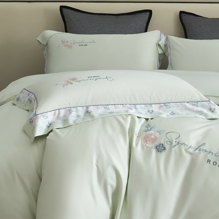 91家纺网 家纺一手货源 找家纺 浩情国际婚庆供货中心 2026新款160S春夏天丝棉高端刺绣系列四件套 玫瑰花香-清新绿