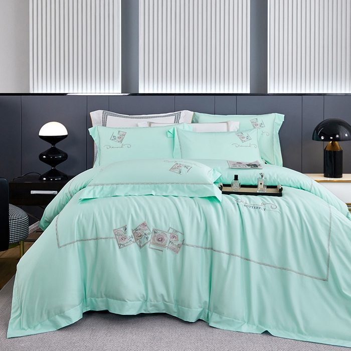 91家纺网 家纺一手货源 找家纺 浩情国际婚庆供货中心 2026新款160S春夏天丝棉高端刺绣系列四件套 诺兰-湖水蓝