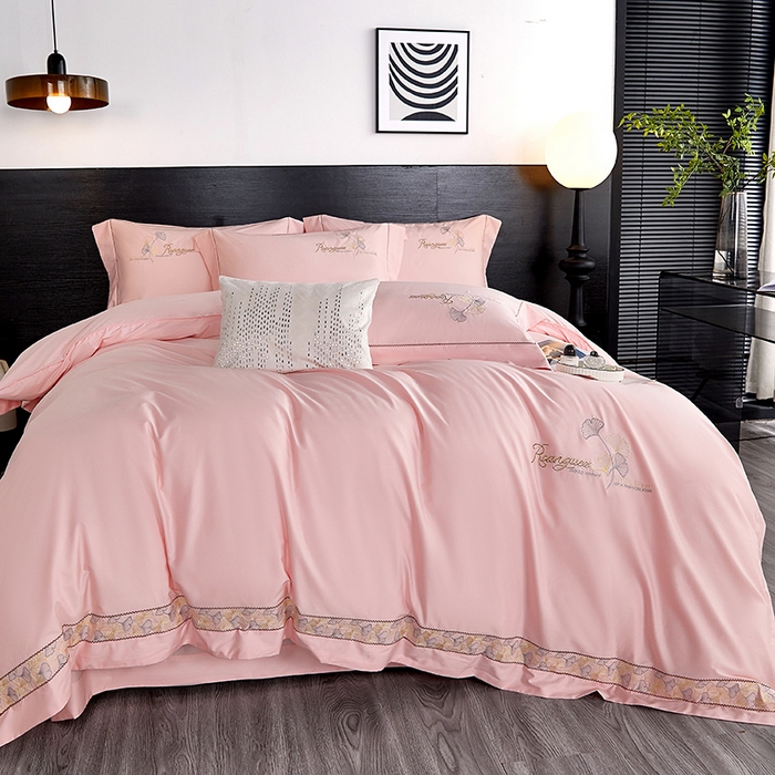 91家纺网 家纺一手货源 找家纺 浩情国际婚庆供货中心 2026新款160S春夏天丝棉高端刺绣系列四件套 银之杏-公主粉