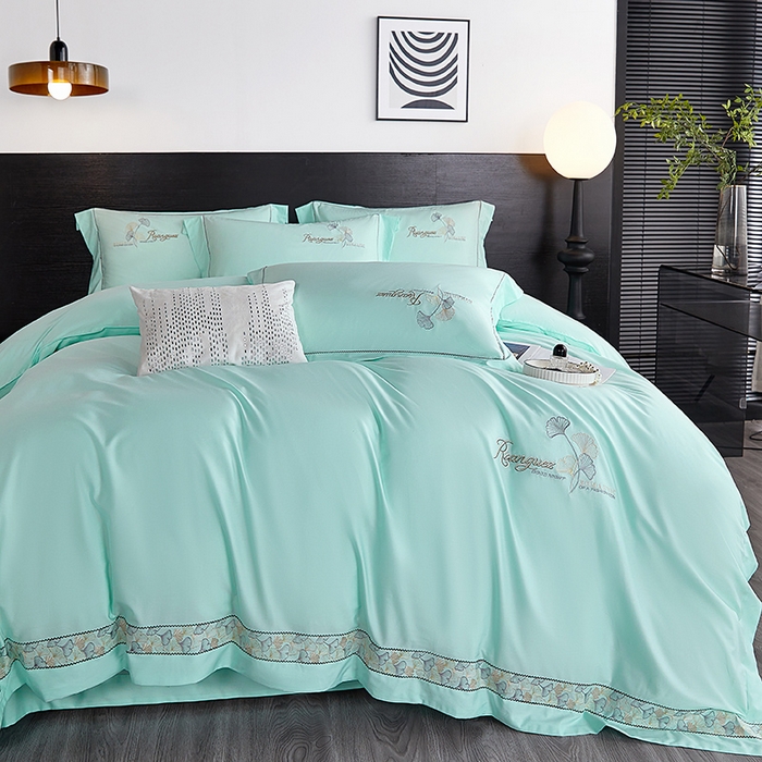 91家纺网 家纺一手货源 找家纺 浩情国际婚庆供货中心 2026新款160S春夏天丝棉高端刺绣系列四件套 银之杏-湖水蓝