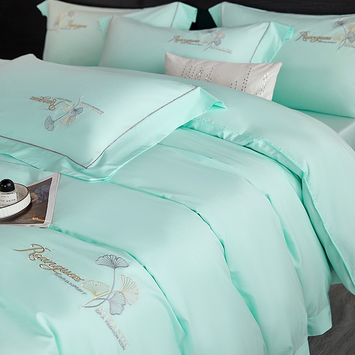 91家纺网 家纺一手货源 找家纺 浩情国际婚庆供货中心 2026新款160S春夏天丝棉高端刺绣系列四件套 银之杏-湖水蓝