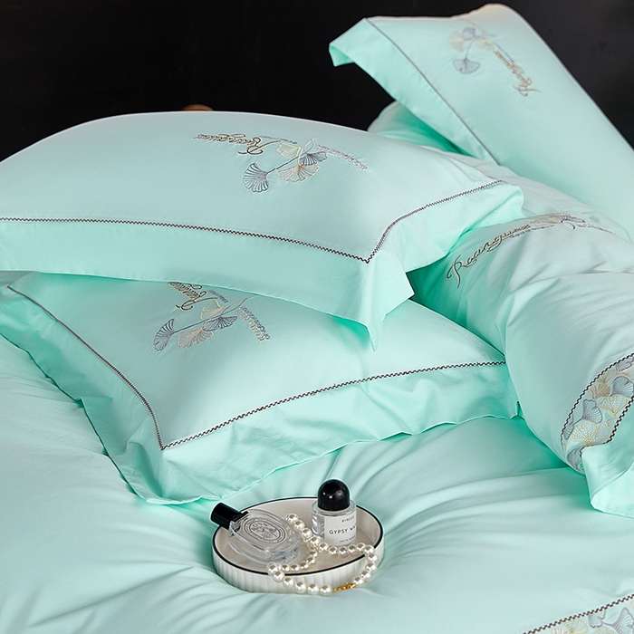 91家纺网 家纺一手货源 找家纺 浩情国际婚庆供货中心 2026新款160S春夏天丝棉高端刺绣系列四件套 银之杏-湖水蓝