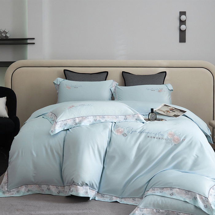 浩情国际婚庆供货中心 2026新款160S春夏天丝棉高端刺绣系列四件套 玫瑰花香-天空蓝