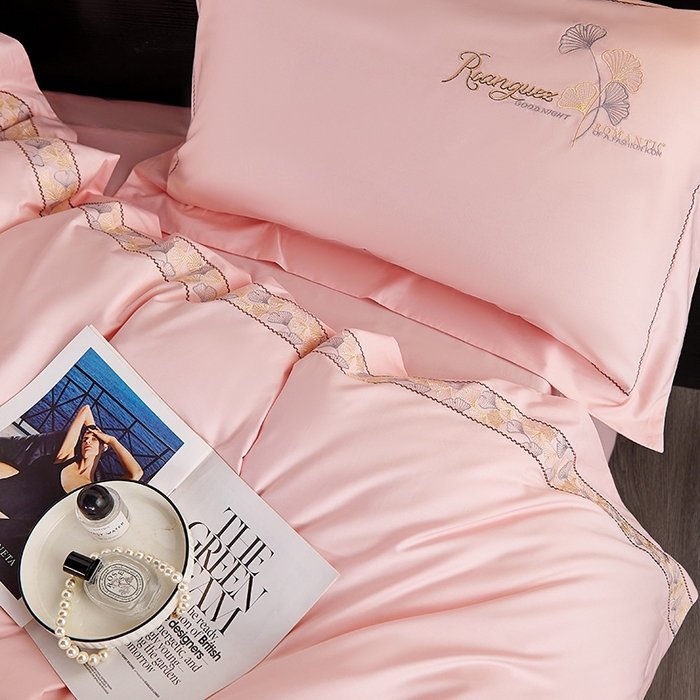 91家纺网 家纺一手货源 找家纺 浩情国际婚庆供货中心 2026新款160S春夏天丝棉高端刺绣系列四件套 银之杏-公主粉