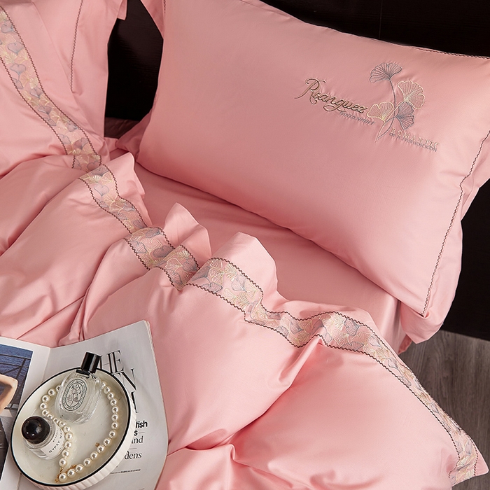 91家纺网 家纺一手货源 找家纺 浩情国际婚庆供货中心 2026新款160S春夏天丝棉高端刺绣系列四件套 银之杏-豆沙