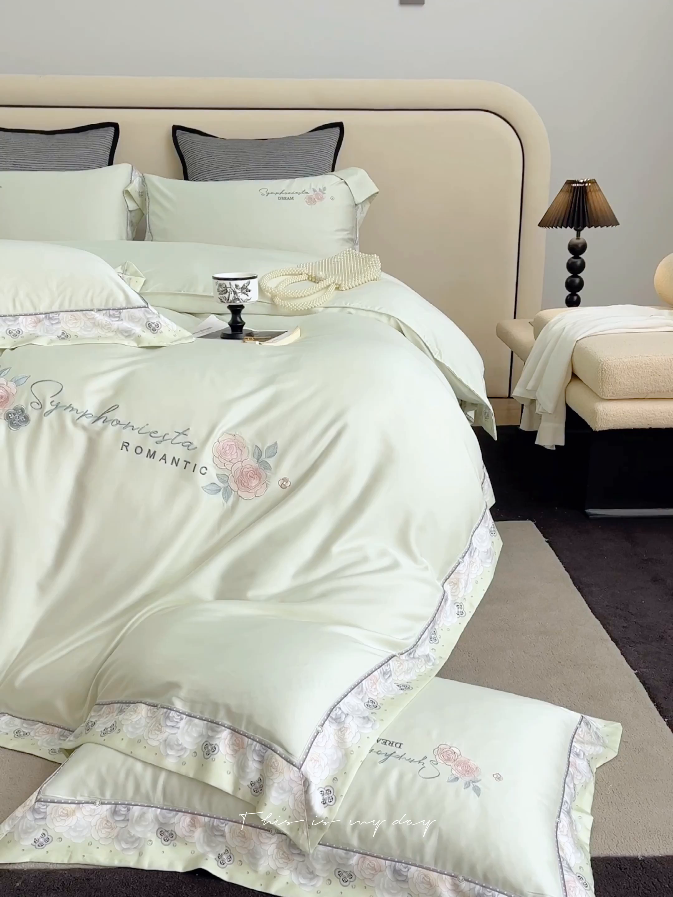 91家纺网 家纺一手货源 找家纺 浩情国际婚庆供货中心 2026新款160S春夏天丝棉高端刺绣系列四件套 玫瑰花香-清新绿