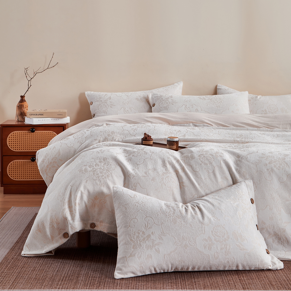 咏绒家纺工厂店 2025新款雪尼尔棉绒大提花四件套 小茉莉-小麦色