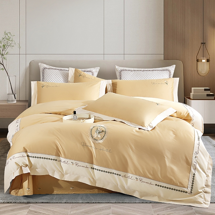 浩情国际婚庆供货中心 2026新款180支长绒棉重工刺绣四件套 小椿光景-卡其