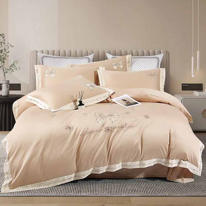 浩情国际婚庆供货中心 2026新款180支长绒棉重工刺绣四件套 优雅主义-卡其