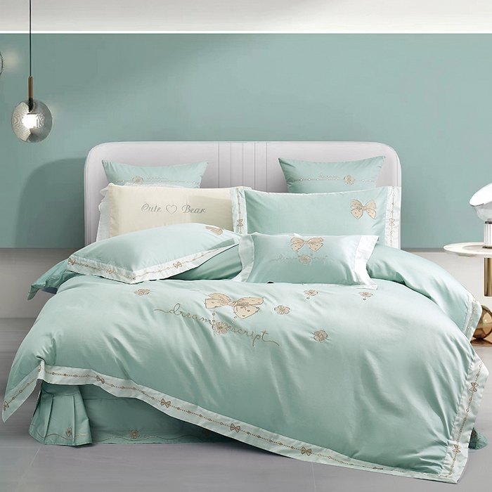 浩情国际婚庆供货中心 2026新款180支长绒棉重工刺绣四件套 优雅主义-水绿