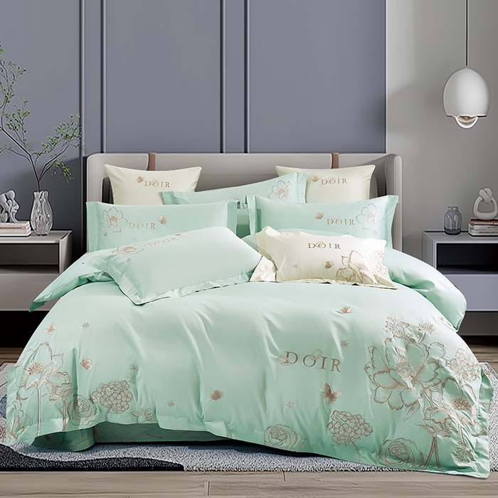 浩情国际婚庆供货中心 2026新款180支长绒棉重工刺绣四件套 流光疏影-水绿