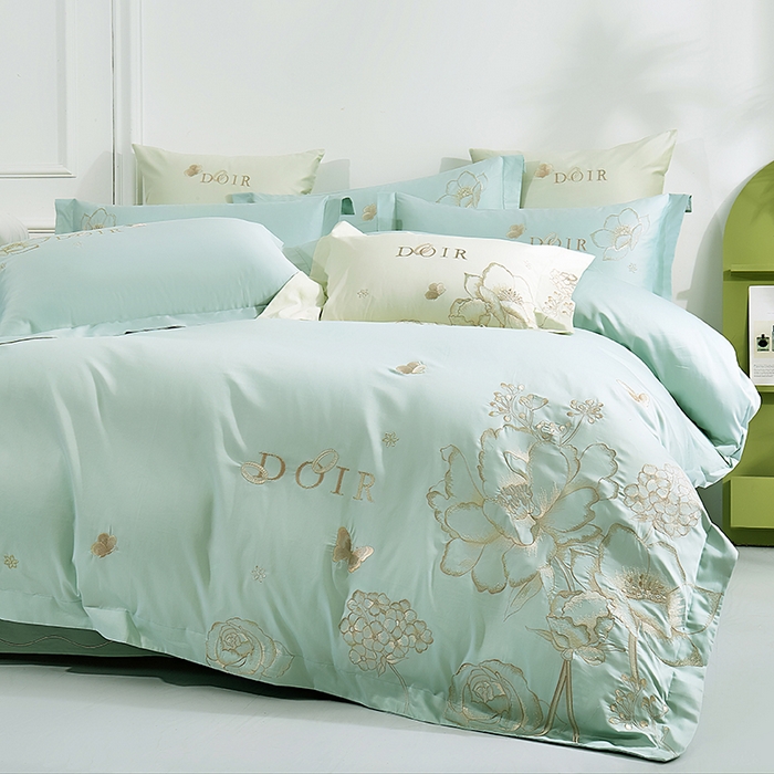 91家纺网 家纺一手货源 找家纺 浩情国际婚庆供货中心 2026新款180支长绒棉重工刺绣四件套 流光疏影-水绿