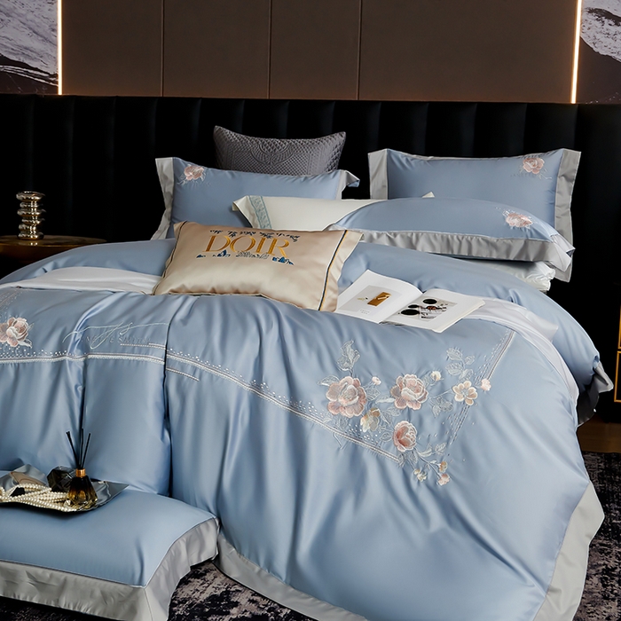 91家纺网 家纺一手货源 找家纺 浩情国际婚庆供货中心 2026新款180支长绒棉重工刺绣四件套 玛格利特-天空兰