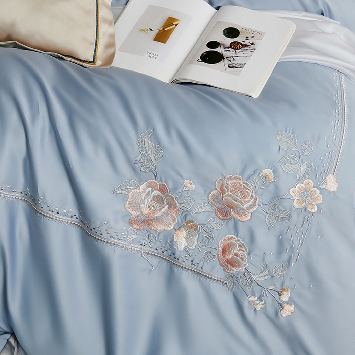 91家纺网 家纺一手货源 找家纺 浩情国际婚庆供货中心 2026新款180支长绒棉重工刺绣四件套 玛格利特-天空兰