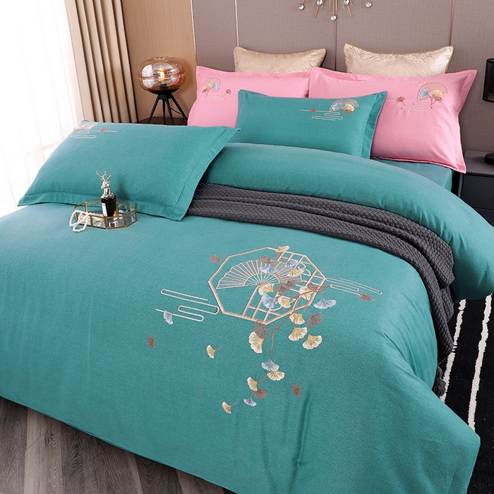 91家纺网 家纺一手货源 找家纺 浩情国际婚庆供货中心 2026四季新品120S全棉斜纹加厚磨毛高端刺绣四件套 维也纳-淡雅绿