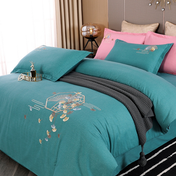 91家纺网 家纺一手货源 找家纺 浩情国际婚庆供货中心 2026四季新品120S全棉斜纹加厚磨毛高端刺绣四件套 维也纳-淡雅绿