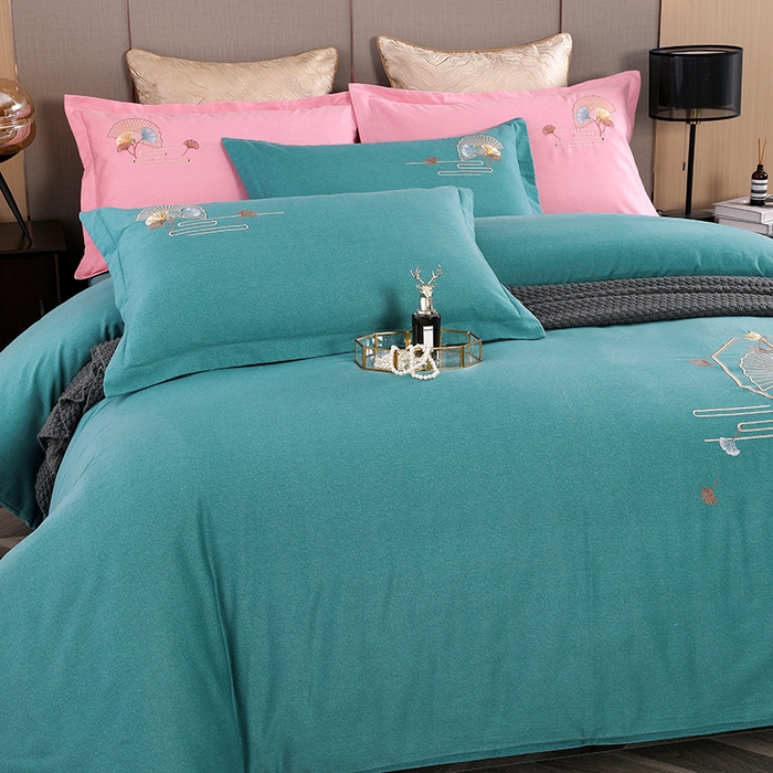 91家纺网 家纺一手货源 找家纺 浩情国际婚庆供货中心 2026四季新品120S全棉斜纹加厚磨毛高端刺绣四件套 维也纳-淡雅绿