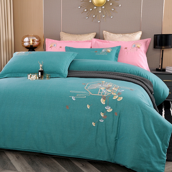 91家纺网 家纺一手货源 找家纺 浩情国际婚庆供货中心 2026四季新品120S全棉斜纹加厚磨毛高端刺绣四件套 维也纳-淡雅绿