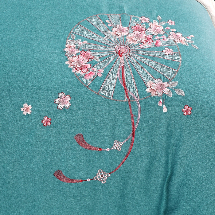 91家纺网 家纺一手货源 找家纺 浩情国际婚庆供货中心 2026四季新品120S全棉斜纹加厚磨毛高端刺绣四件套 浪漫樱花-淡雅绿