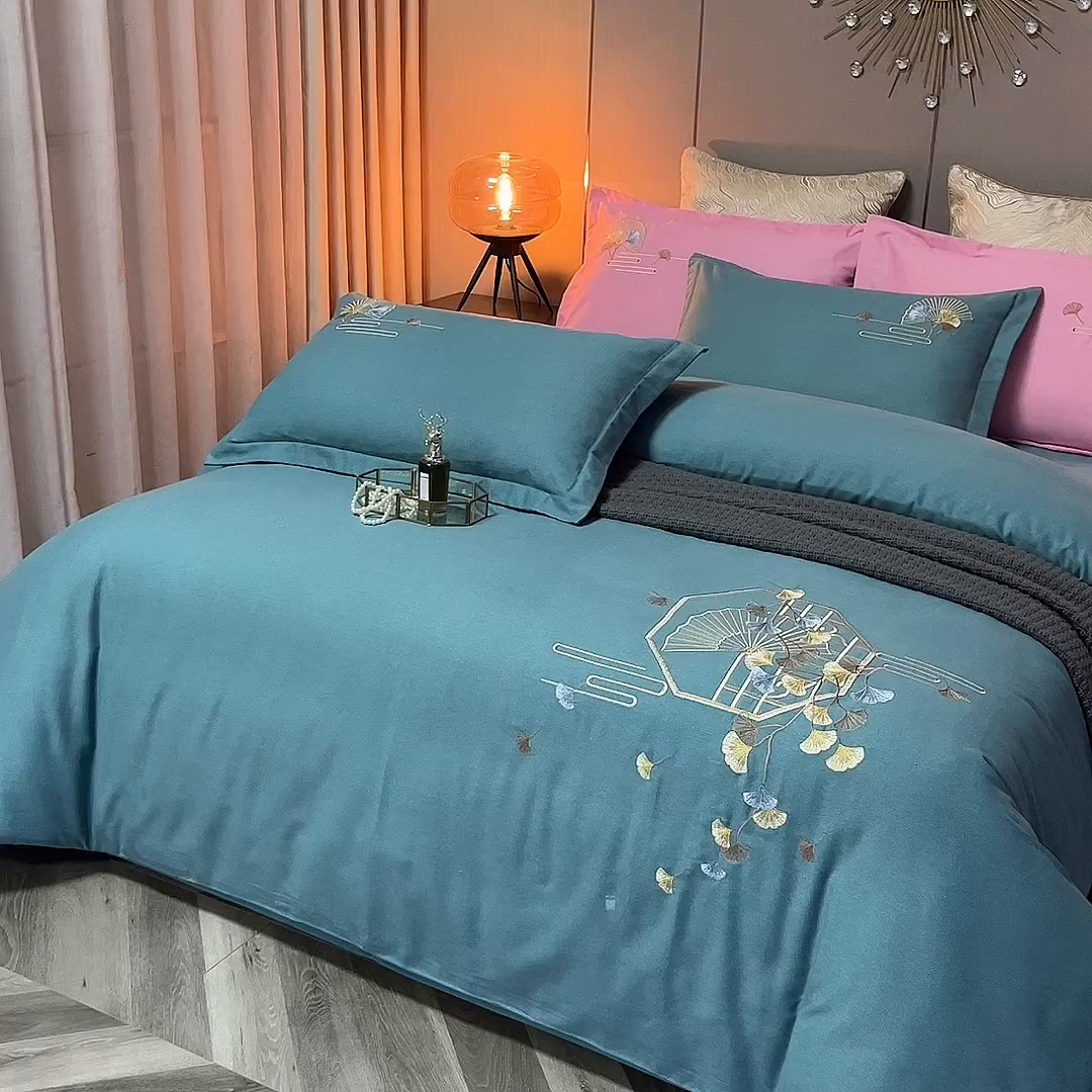 91家纺网 家纺一手货源 找家纺 浩情国际婚庆供货中心 2026四季新品120S全棉斜纹加厚磨毛高端刺绣四件套 维也纳-淡雅绿