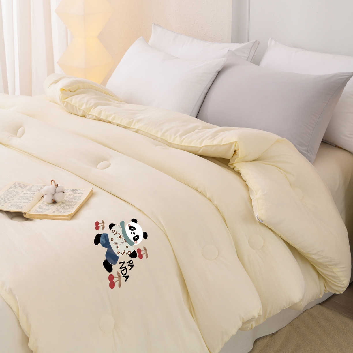 91家纺网 家纺一手货源 找家纺 寝美资家居 2025新款熊猫棉花被被子被芯 米黄