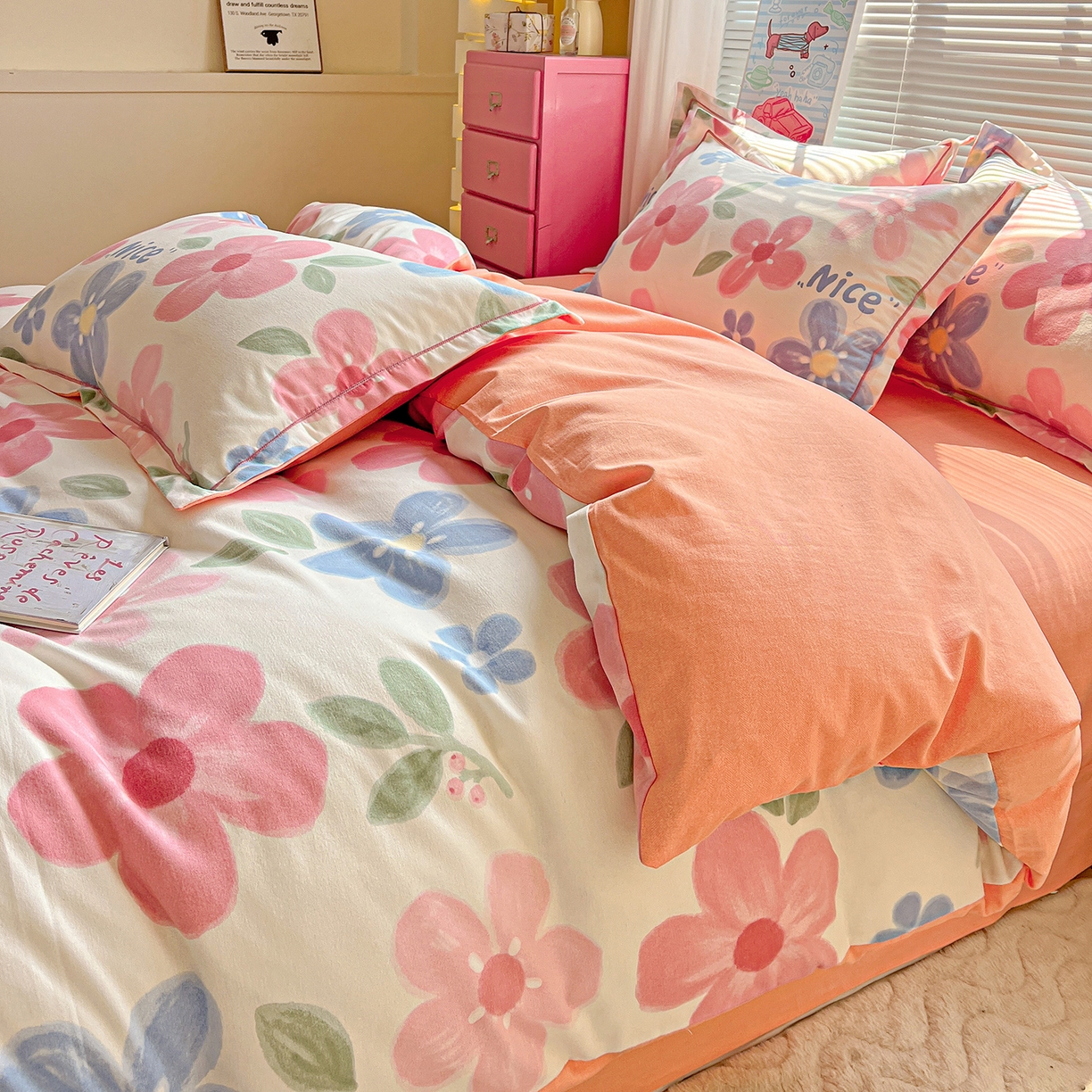 91家纺网 家纺一手货源 找家纺 曲之慕 2026新款全棉纯棉加厚喷气磨毛印花四件套 爱意花间