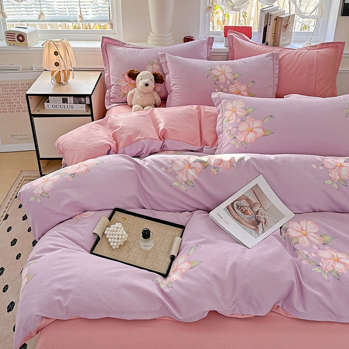 91家纺网 家纺一手货源 找家纺 曲之慕 2026新款全棉纯棉加厚喷气磨毛印花四件套 紫韵