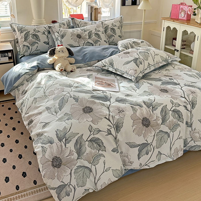 91家纺网 家纺一手货源 找家纺 曲之慕 2026新款全棉纯棉加厚喷气磨毛印花四件套 蓝汐