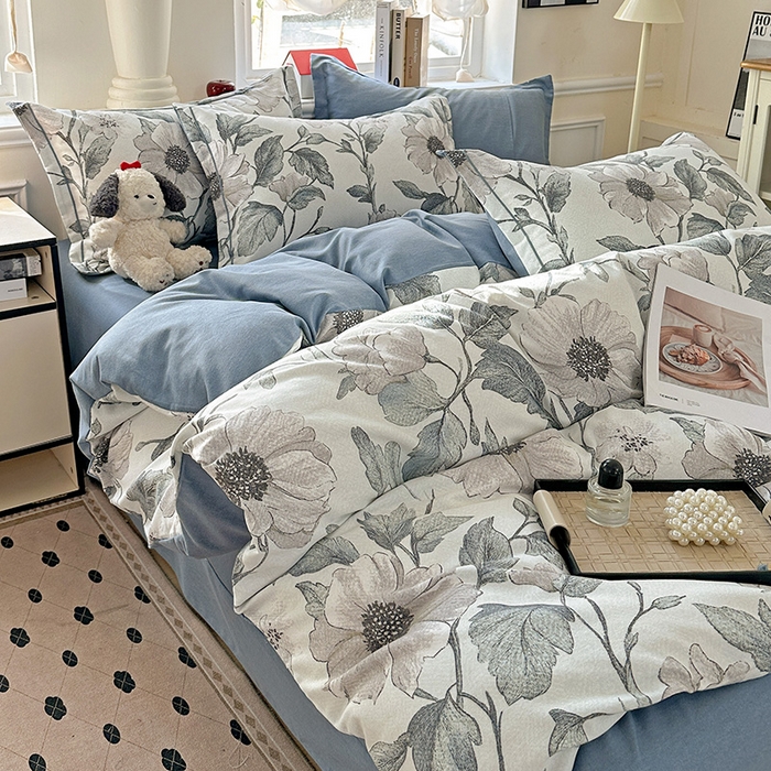 91家纺网 家纺一手货源 找家纺 曲之慕 2026新款全棉纯棉加厚喷气磨毛印花四件套 蓝汐