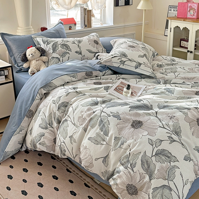 91家纺网 家纺一手货源 找家纺 曲之慕 2026新款全棉纯棉加厚喷气磨毛印花四件套 蓝汐