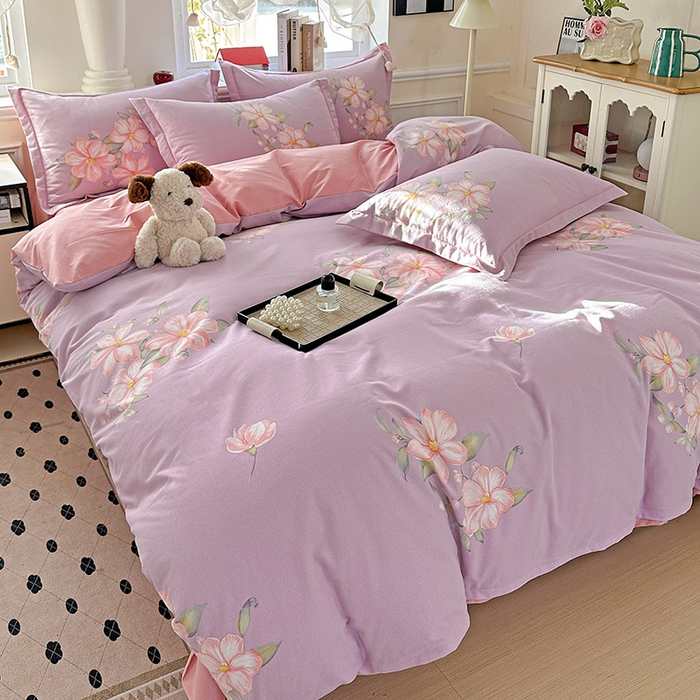 91家纺网 家纺一手货源 找家纺 曲之慕 2026新款全棉纯棉加厚喷气磨毛印花四件套 紫韵