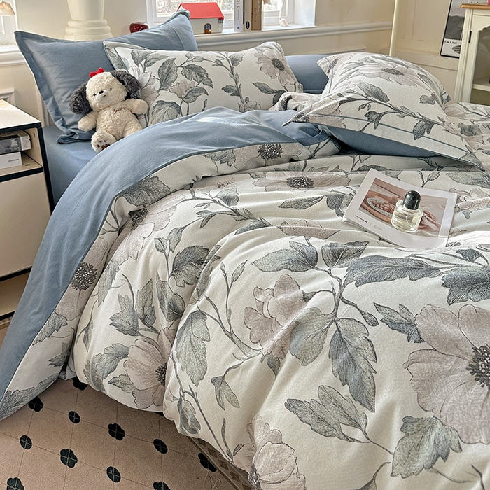 91家纺网 家纺一手货源 找家纺 曲之慕 2026新款全棉纯棉加厚喷气磨毛印花四件套 蓝汐