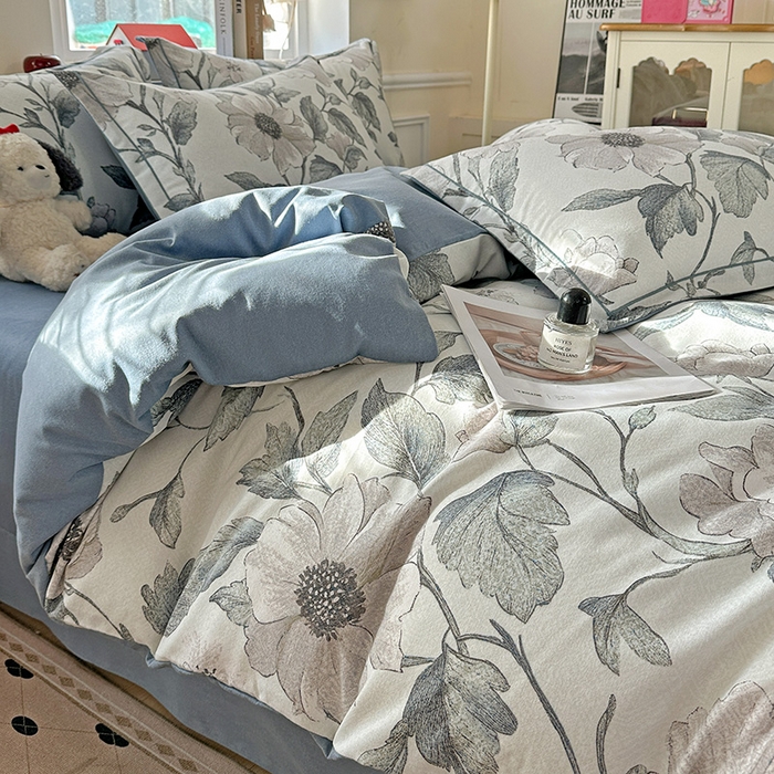 91家纺网 家纺一手货源 找家纺 曲之慕 2026新款全棉纯棉加厚喷气磨毛印花四件套 蓝汐