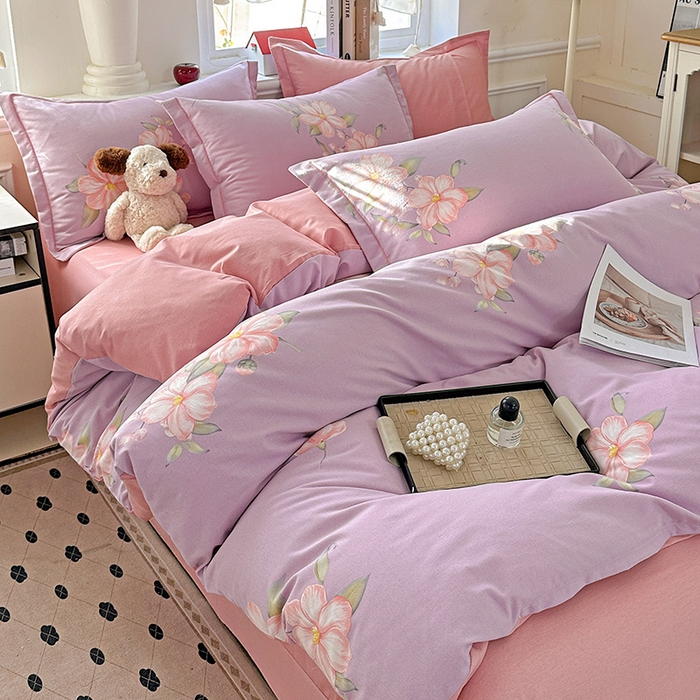 91家纺网 家纺一手货源 找家纺 曲之慕 2026新款全棉纯棉加厚喷气磨毛印花四件套 紫韵