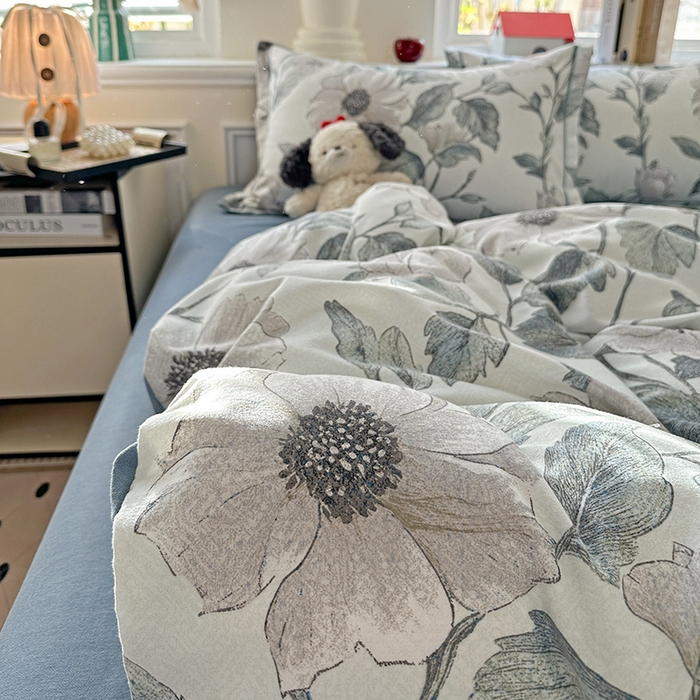 91家纺网 家纺一手货源 找家纺 曲之慕 2026新款全棉纯棉加厚喷气磨毛印花四件套 蓝汐