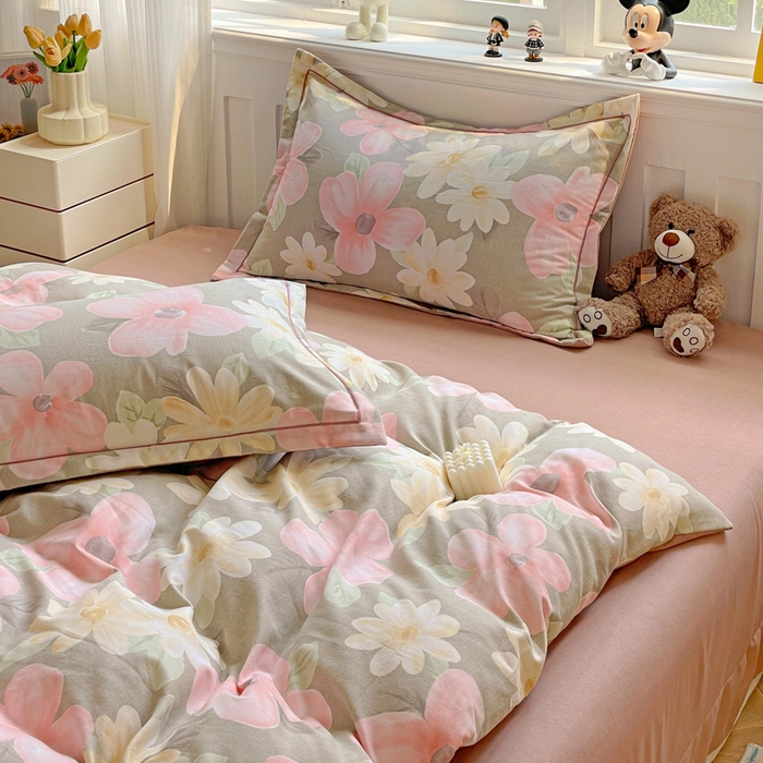 91家纺网 家纺一手货源 找家纺 曲之慕 2026新款全棉纯棉加厚喷气磨毛印花四件套 花意