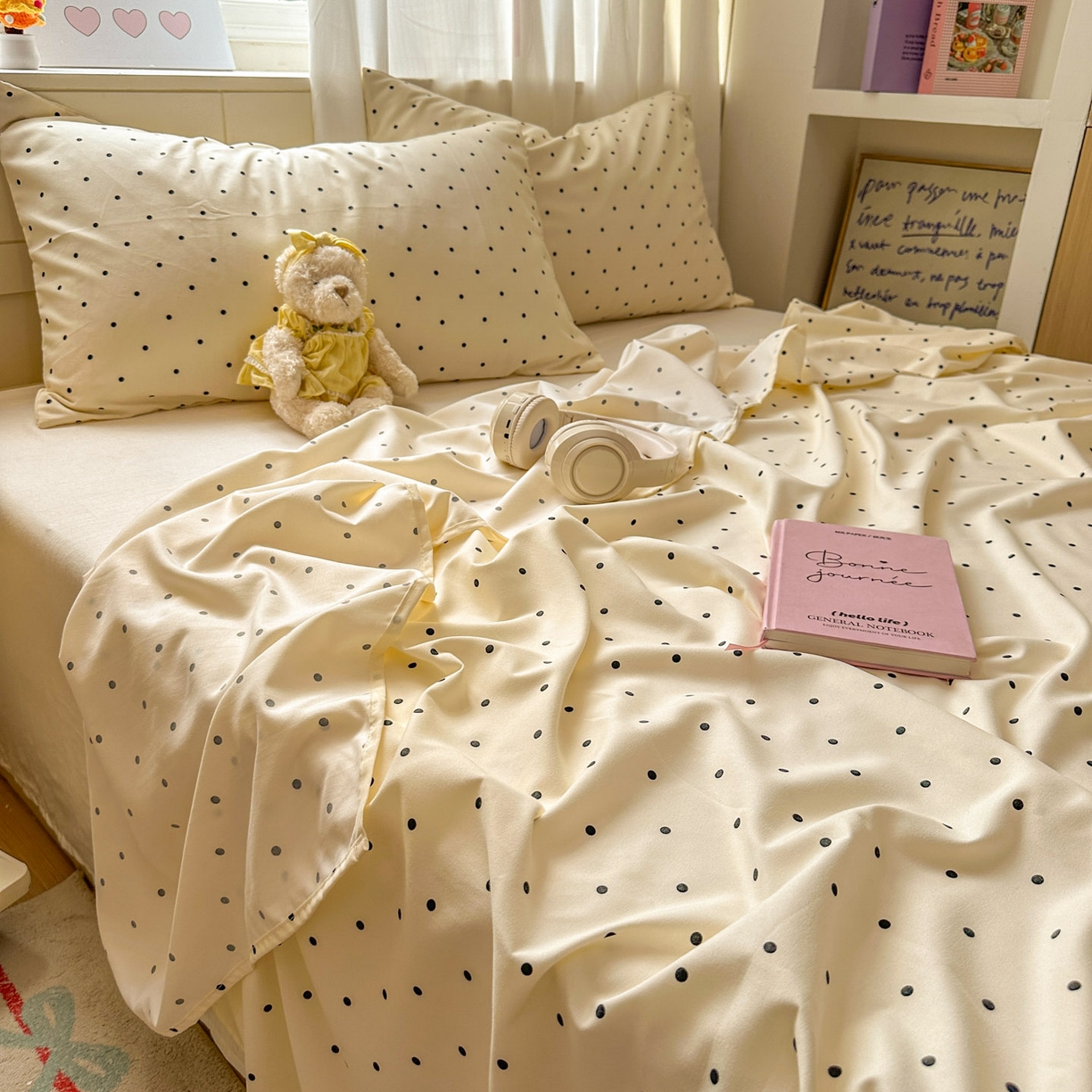 91家纺网 家纺一手货源 找家纺 冕悠家纺 2025新款A类加厚水洗棉格子点点印花超柔单品床单枕套 米点