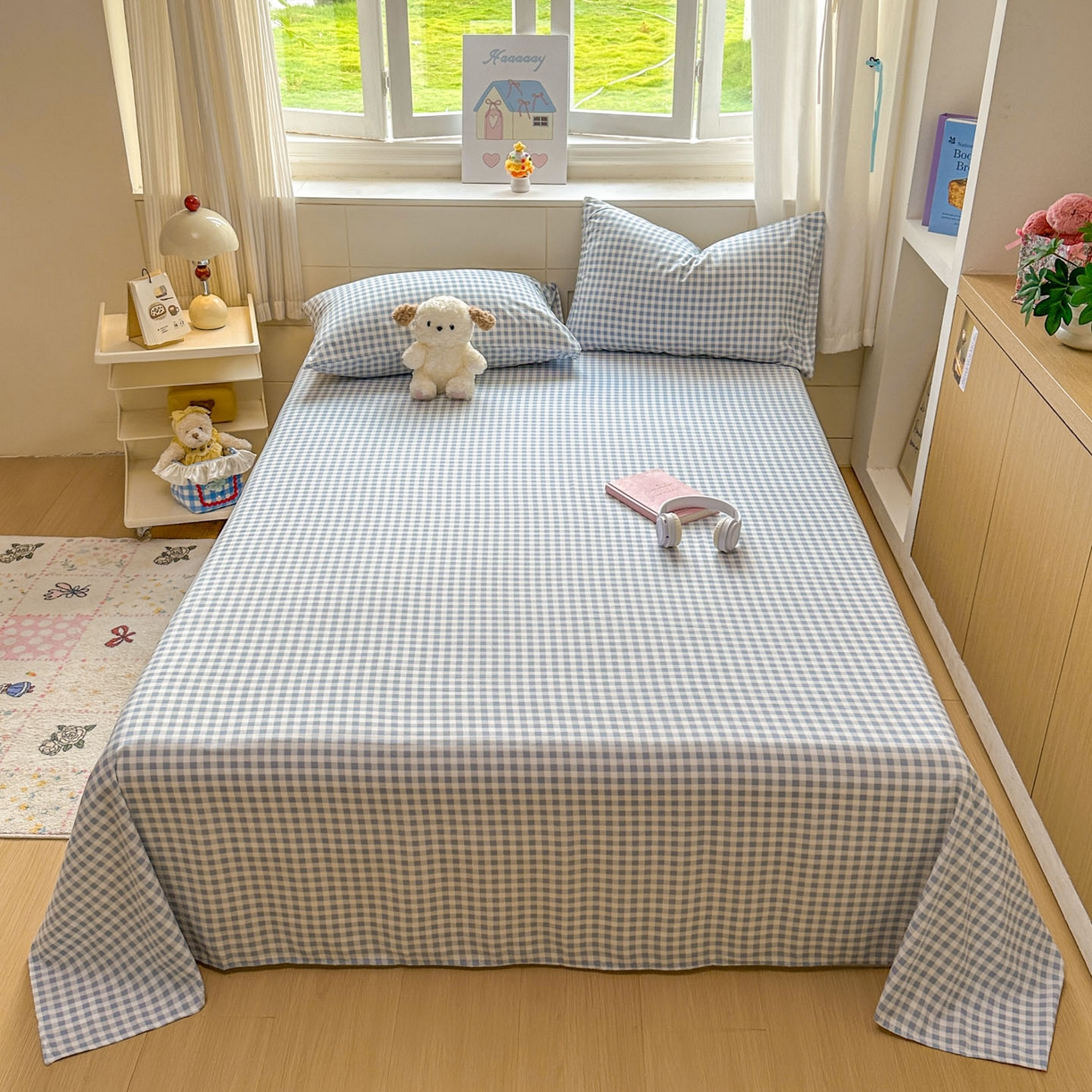 91家纺网 家纺一手货源 找家纺 冕悠家纺 2025新款A类加厚水洗棉格子点点印花超柔单品床单枕套 蓝格