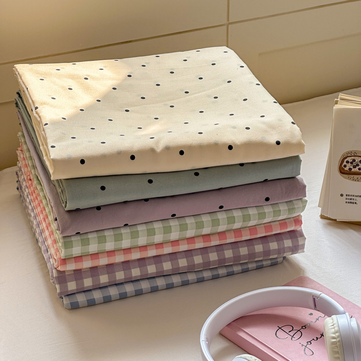 91家纺网 家纺一手货源 找家纺 （总）冕悠家纺 2025新款A类加厚水洗棉格子点点印花超柔单品床单枕套