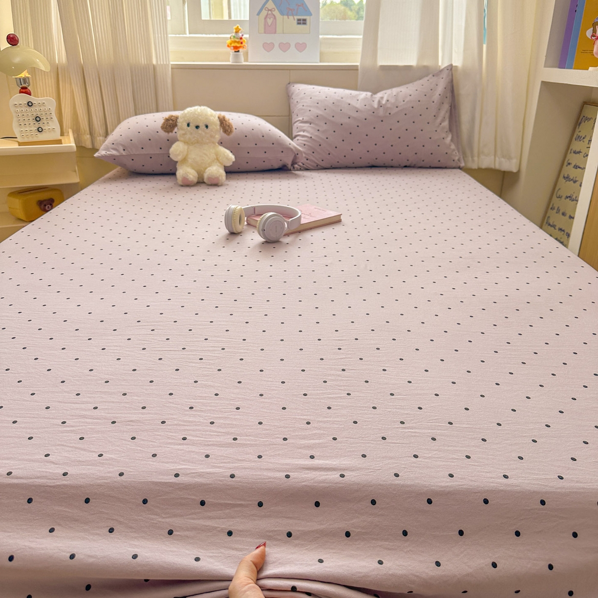 91家纺网 家纺一手货源 找家纺 冕悠家纺 2025新款A类加厚水洗棉格子点点印花超柔单品床单枕套 紫点