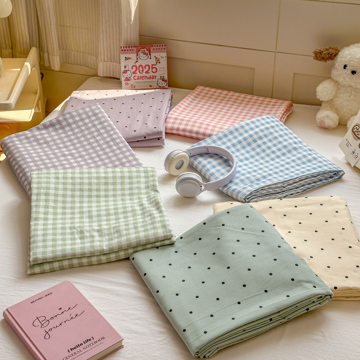 91家纺网 家纺一手货源 找家纺 （总）冕悠家纺 2025新款A类加厚水洗棉格子点点印花超柔单品床单枕套