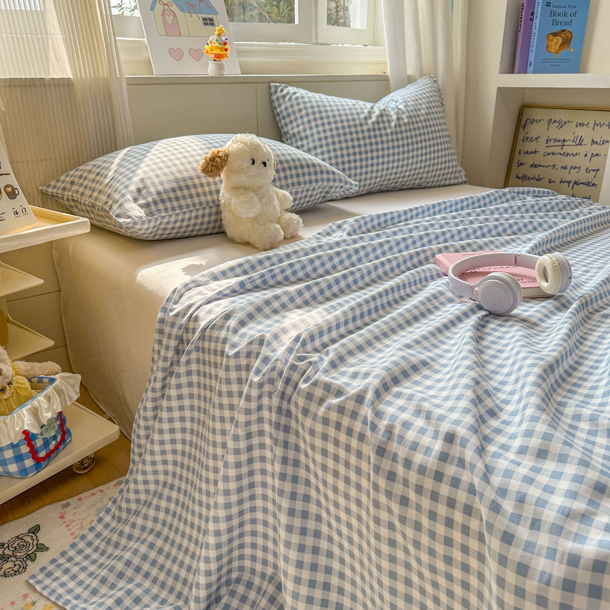 91家纺网 家纺一手货源 找家纺 冕悠家纺 2025新款A类加厚水洗棉格子点点印花超柔单品床单枕套 蓝格