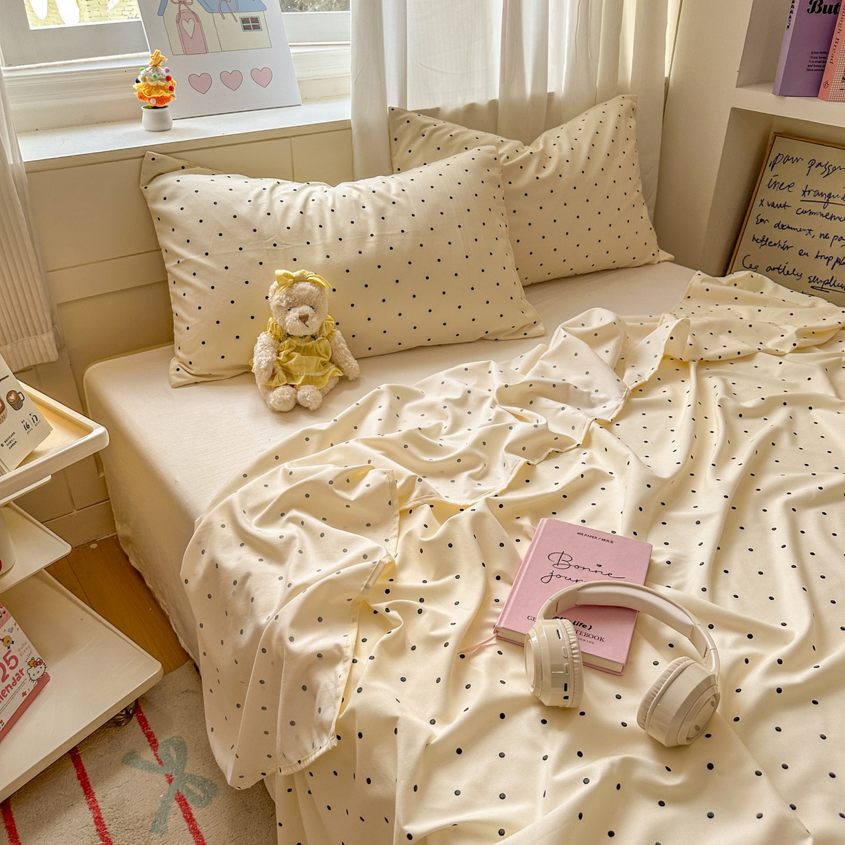 91家纺网 家纺一手货源 找家纺 冕悠家纺 2025新款A类加厚水洗棉格子点点印花超柔单品床单枕套 米点