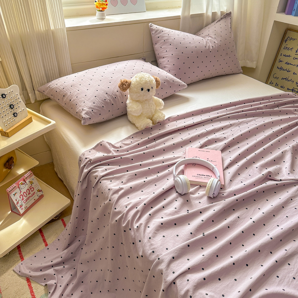 91家纺网 家纺一手货源 找家纺 冕悠家纺 2025新款A类加厚水洗棉格子点点印花超柔单品床单枕套 紫点