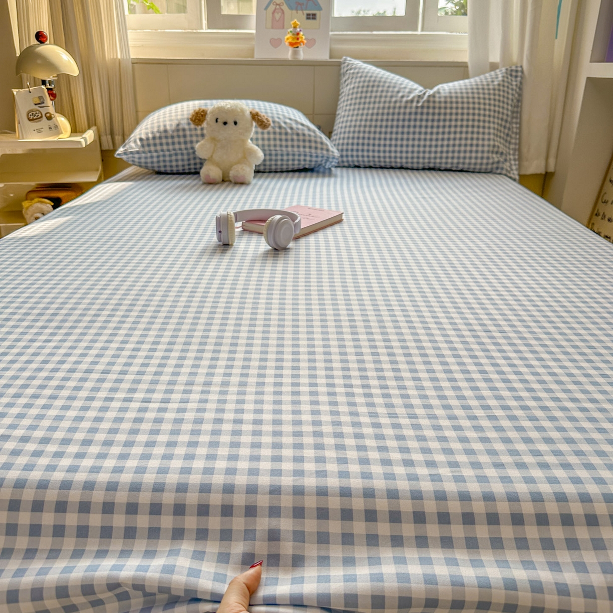 91家纺网 家纺一手货源 找家纺 冕悠家纺 2025新款A类加厚水洗棉格子点点印花超柔单品床单枕套 蓝格