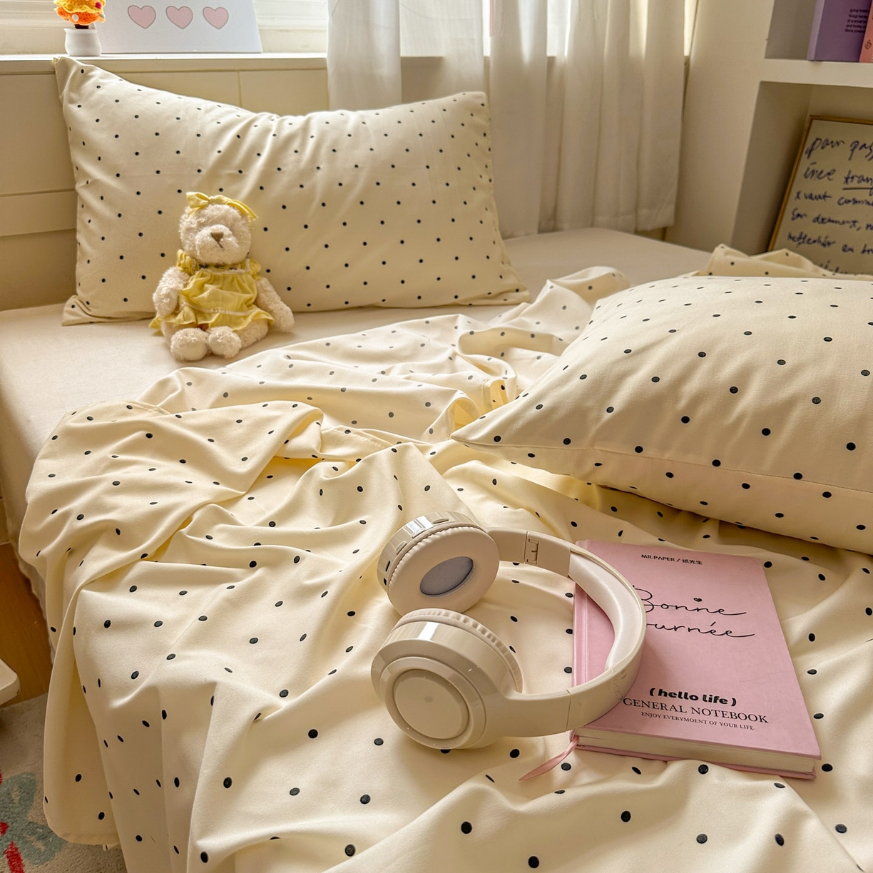 91家纺网 家纺一手货源 找家纺 冕悠家纺 2025新款A类加厚水洗棉格子点点印花超柔单品床单枕套 米点