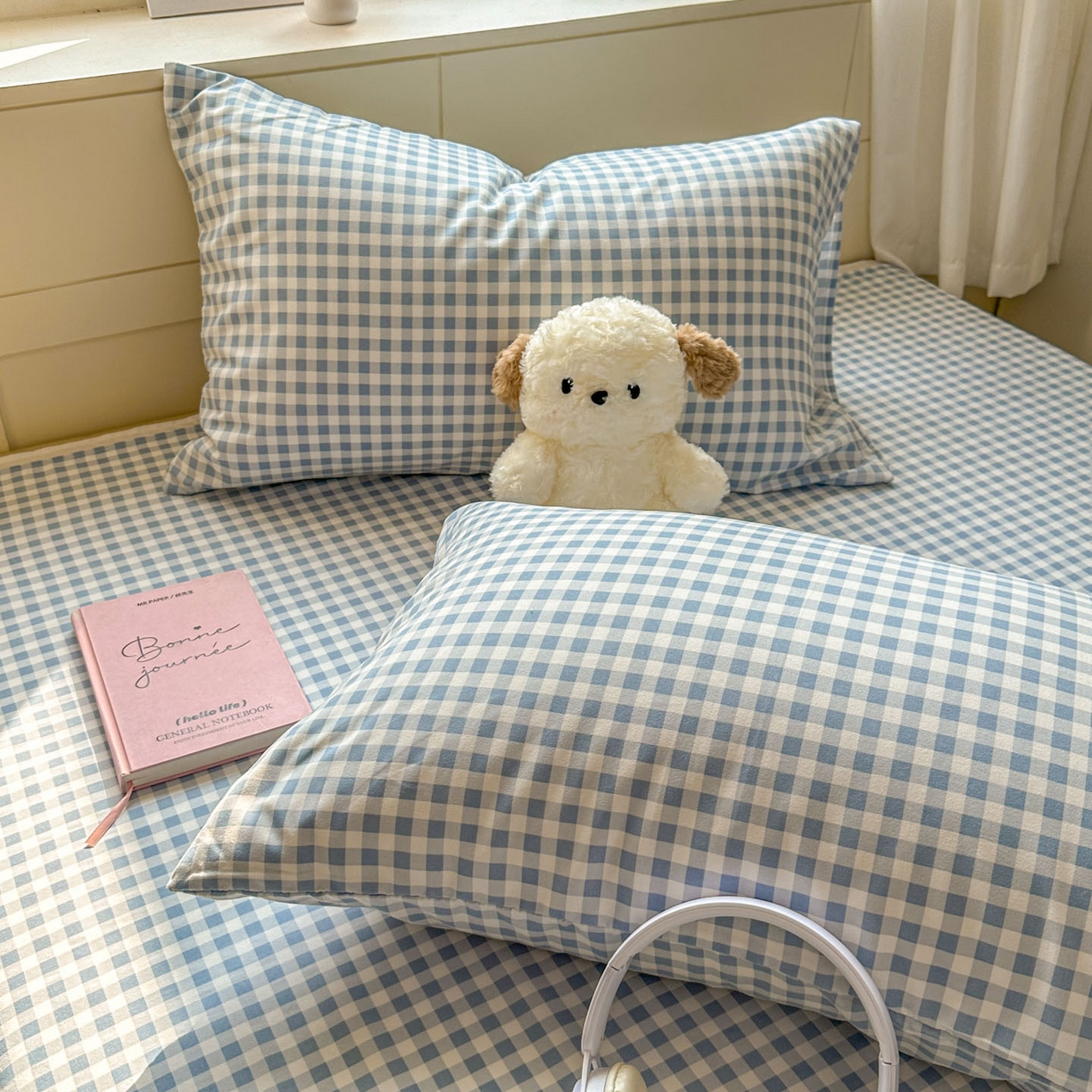 91家纺网 家纺一手货源 找家纺 冕悠家纺 2025新款A类加厚水洗棉格子点点印花超柔单品床单枕套 蓝格