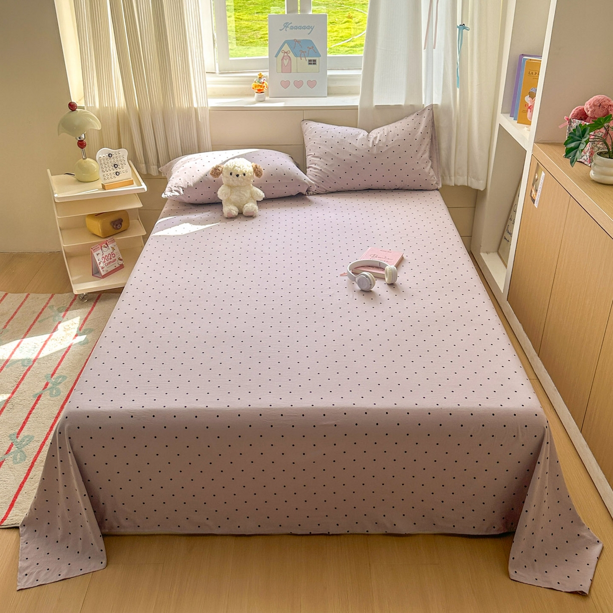 91家纺网 家纺一手货源 找家纺 冕悠家纺 2025新款A类加厚水洗棉格子点点印花超柔单品床单枕套 紫点